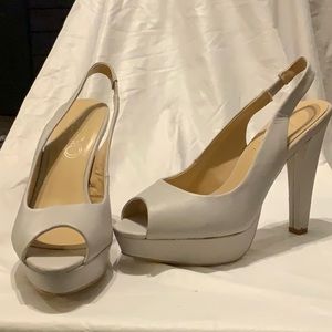 Cream leather sling back heels, peep toe